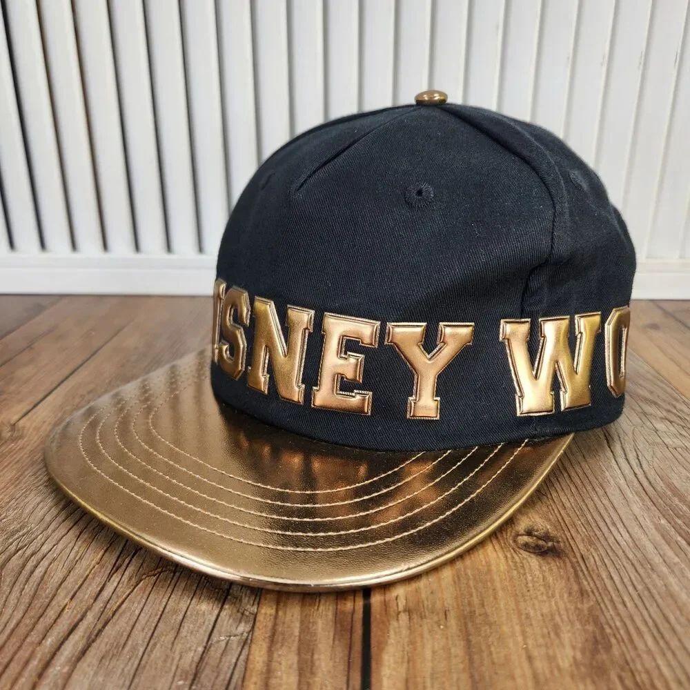 Walt Disney World Snapback Hat Black Gold Block Lettering Theme Park Spell Out